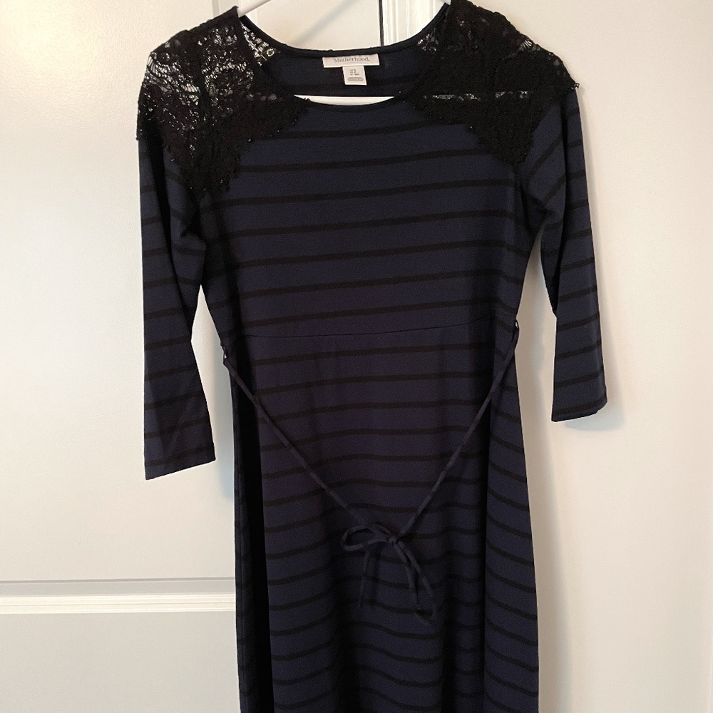 Motherhood, Maternity Women Navy Blue Dress, Lace Shoulders